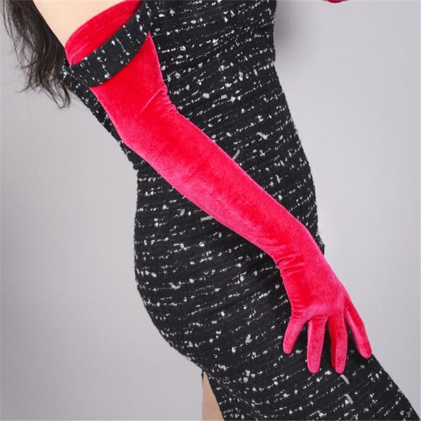 

five fingers gloves velvet lengthening 60cm pink rose red female models high elastic gold touch screen srmh60, Blue;gray