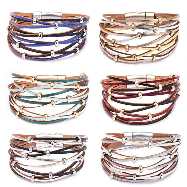 

tennis women's hand accessories 10 multi layer wind leather wristband wide wrap bracelet femme magnet buckle jewelry gift 2021, Golden;silver