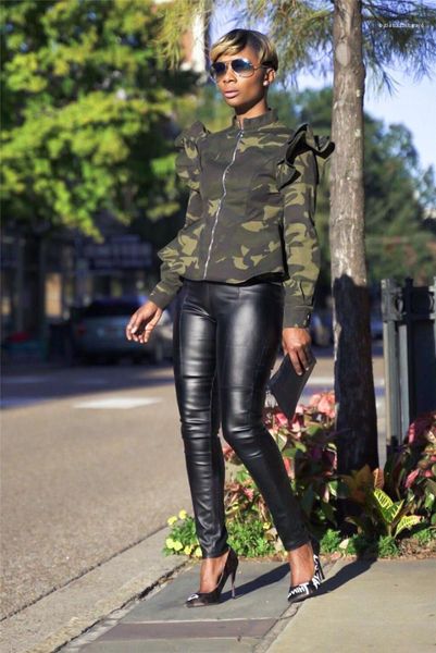 

camouflage jackets stand collar long sleeve ruffles coat spring autumn womens coats new womens designer, Black;brown