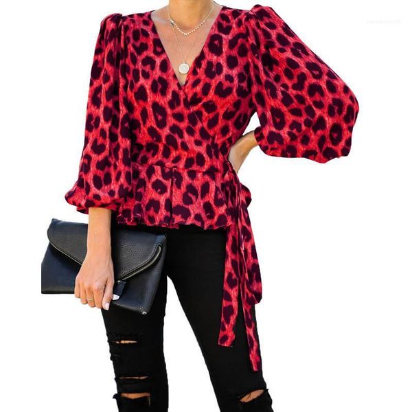

new casual women clothing 19aw women designer tshirts fashion loose leopard v neck lantern sleeve, White