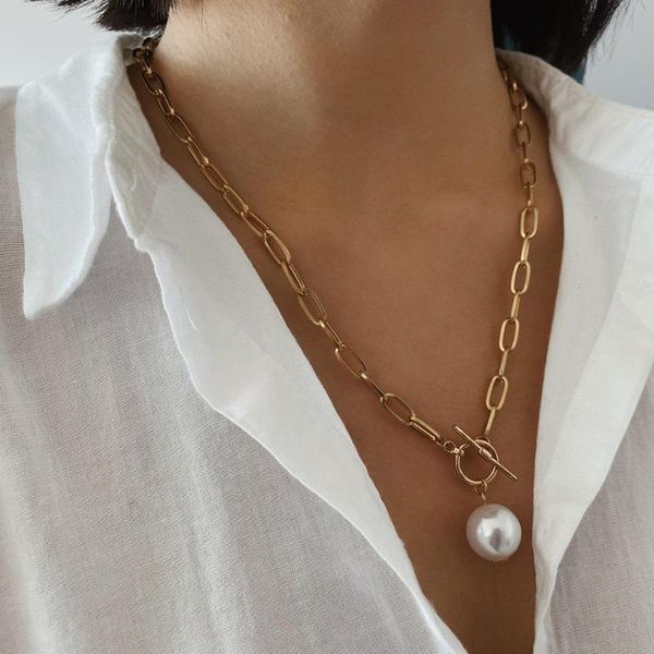 

vintage link chain choker necklace for women fashion new gold imitation pearl pendant necklace ladies gift jewelry, Silver