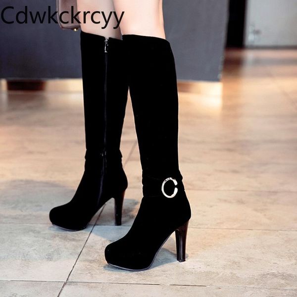 

boots winter the fashion round head side zipper fang he knee women black plus velvet keep warm high heel