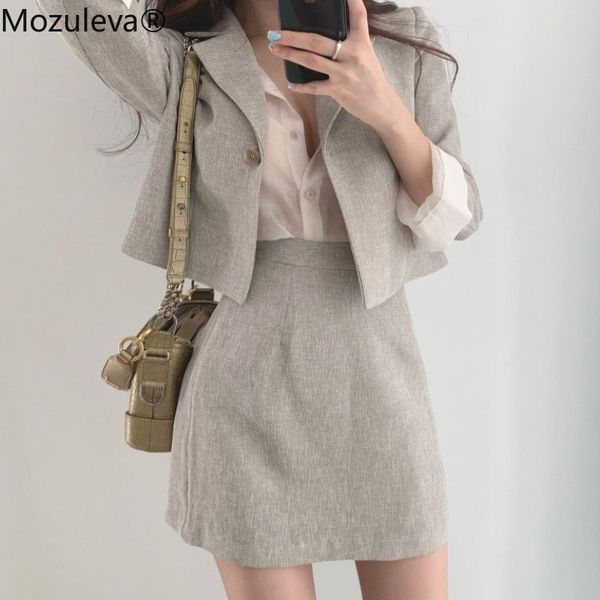 

two piece dress mozuleva 2021 korean skirt suits full sleeve short blazer coat + slim high waist skirts mini solid vintage 2 pieces set, White