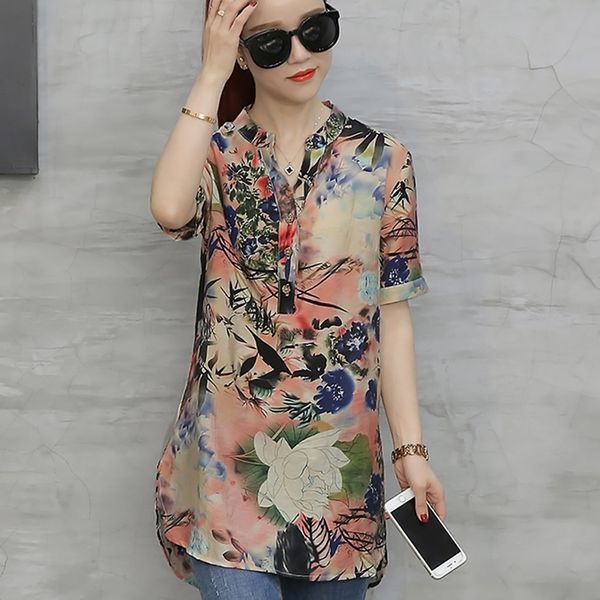 

women's blouses & shirts 4xl plus size long women vintage flower printed blouse 2021 short sleeve blusas femininas elegante 173e, White