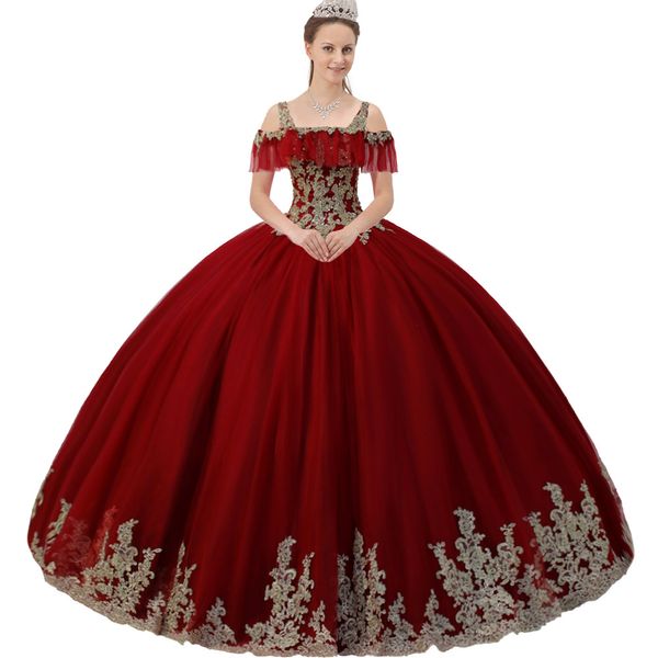 Dupla Tiras Flutter Sheer Tulle Collar Quinceanera Vestido Vinho Vermelho com Ouro Appliqued Jovem Partido 15th