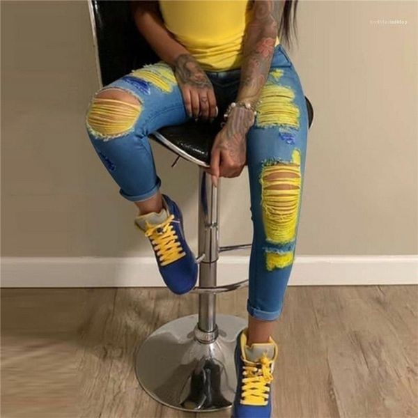 

women contrast color washed skinny pencil pants streetwear new women summer pants fashion ripped hole jeans for, Blue