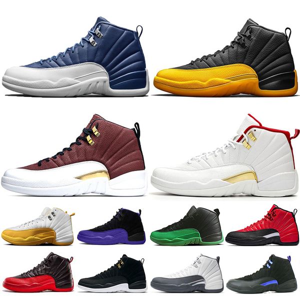 

12 12s mens basketball shoes indigo university-gold bulls flu game wings 12s reverse taxi dark concord sports trainers sneakers shoes 7-13