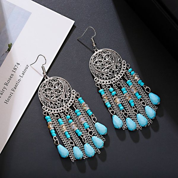 

women's round alloy beads tassel drop earrings tibetan jewelry ethnic gypsy long bohemian ladies wedding earrings, Silver