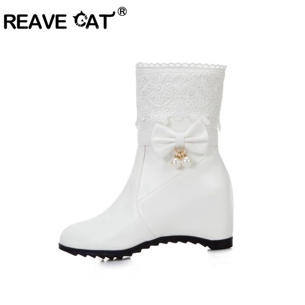 

reavecat winter warm mid-calf boots round toe wedges pu zipper butterfly-knot bead big size 33-43 black white casual daily a3103