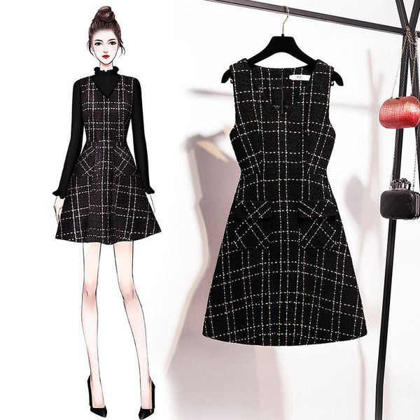 

women 2020 autumn winter dress suit female long sleeve and tweed v-neck vest wool dresses casual elegant two-piece set y834, Gray