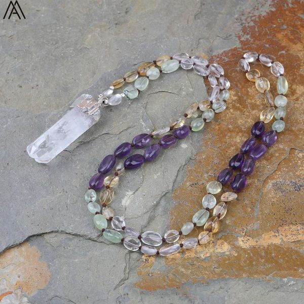 

natural white quartz point pendant citrines amethysts quartz nugget chip beads knot handmade necklace mala necklace jewelry, Silver