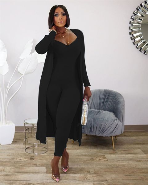 Plus size feminino outono inverno roupas de manga longa casaco cardigan + macacões duas peças conjunto treino cor sólida casual preto roupas esportivas 3761