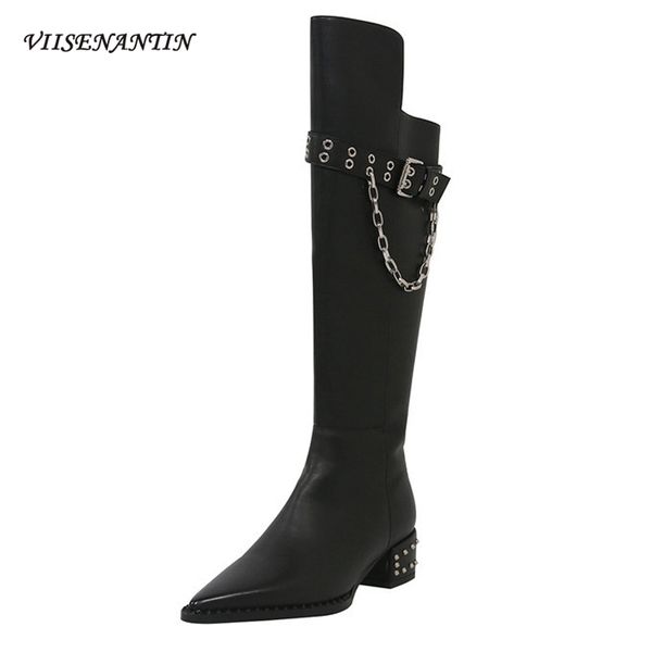 

boots metal chain decoration retro style pointed belt buckle autumn winter knight rivets thick heel knee high women, Black