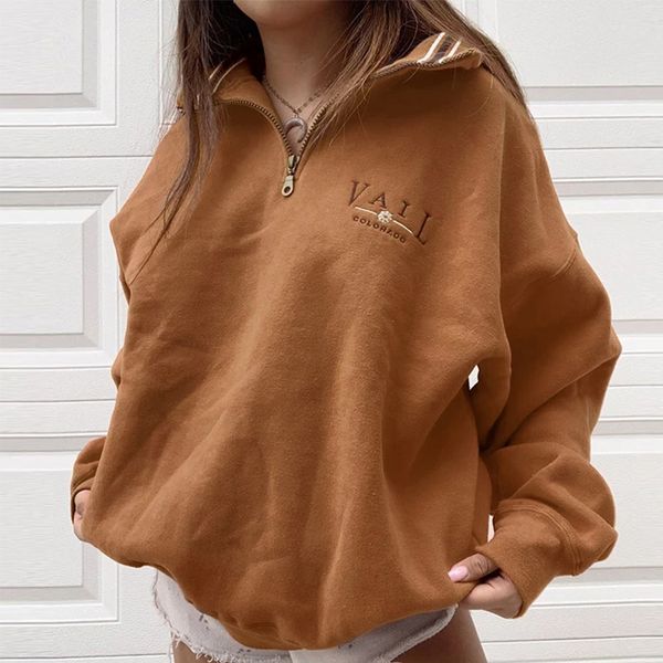 

women zip lapel hoodie new autumn winter letter print pullovers casual long sleeve loose sweatshirt, Black