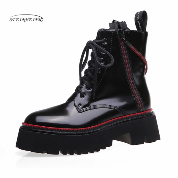 

women winter ankle boots genuine leather woman shoes 2020 fashion thick high heels round toe lace-up short ladies boots, Black