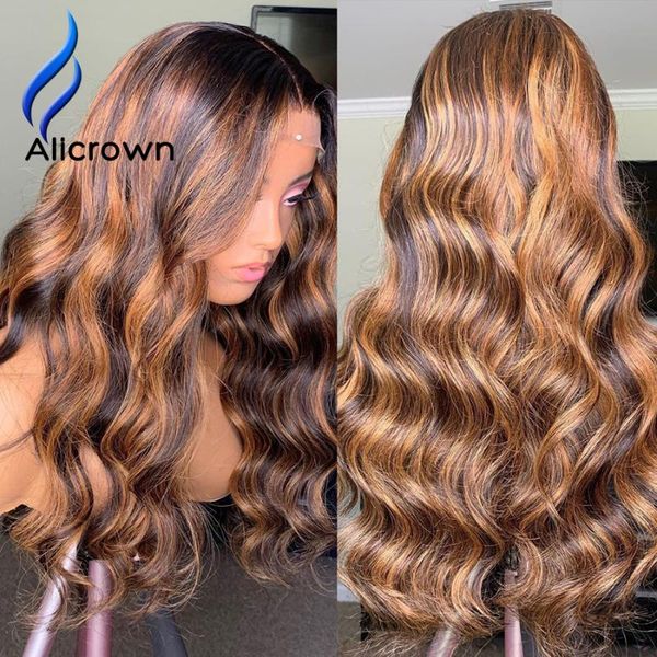 

alicrown highlight ombre t-part wavy lace front human hair wigs bleached knots 180% density brazilian non-remy lace front wigs, Black;brown