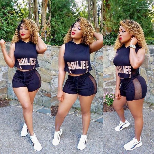 

tracksuits women mesh crop shorts suits hooded tank boujee letters designer, Gray