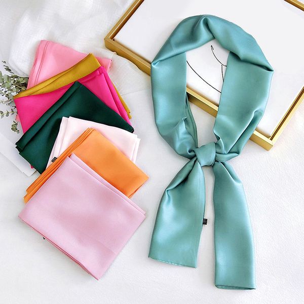 

scarves 145*14cm long small neckerchief women headscarf narrow elegant decorative silk sweet solid color office party lady scarf, Blue;gray