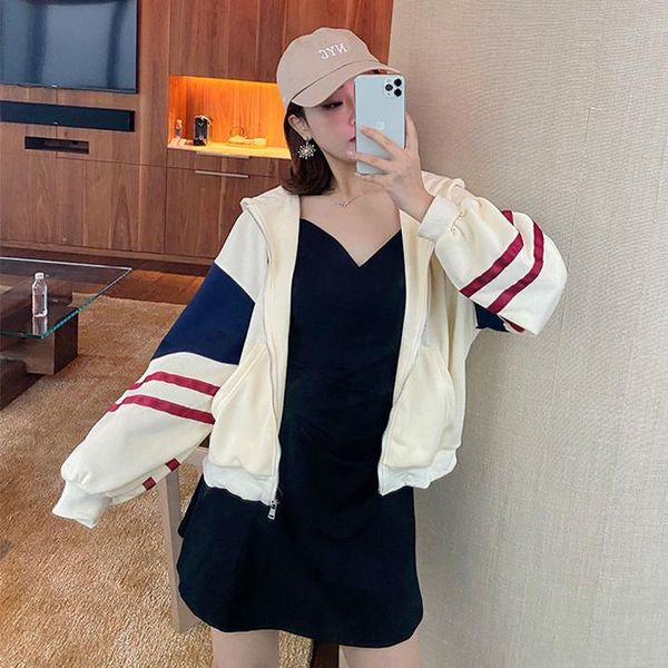 

Jacket Women 2020 Spring Autumn Korean Streetwear Casual Oversized Embroidery Stripe Patchwork Hooded Coat Bomber Jacket C241