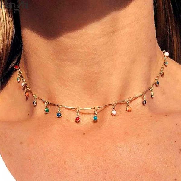 

hangzhi 2020 new candy color enamel stones cute hollow circle donuts pendant tassel flower choker necklace for women jewelry, Golden;silver