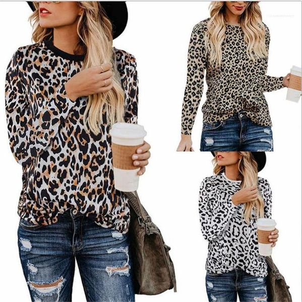 

clothing fashion leopard printed womens tshirts crew neck long sleeve womens spring autumn casual female, White