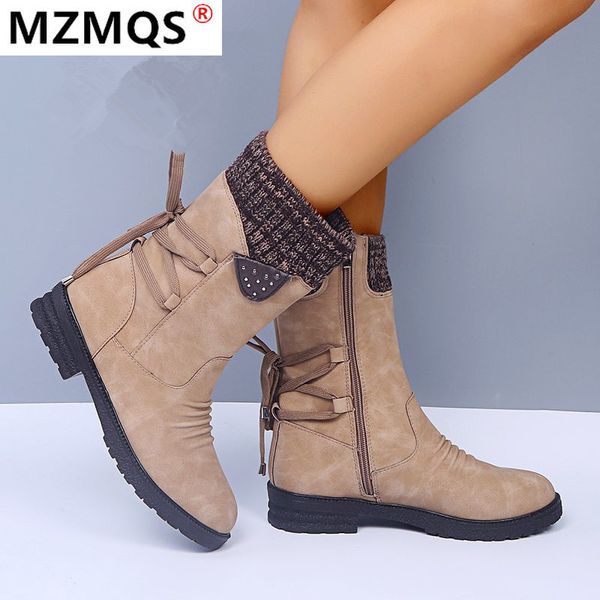

winter snow boots women zipper fashion pu leather mid-calf boots with back lace-up design solid low heel shoes botas mujer, Black