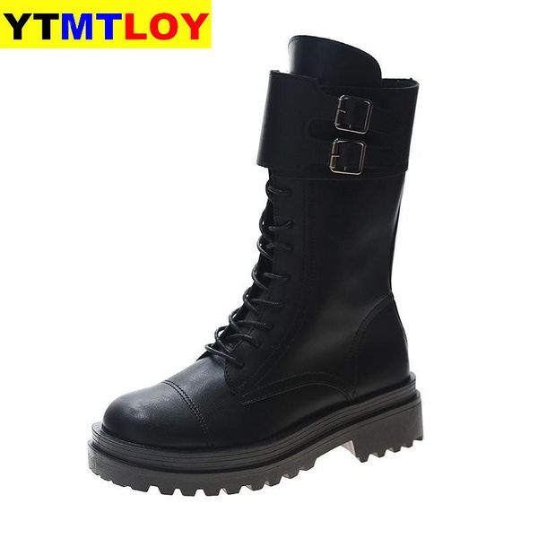 

motorcycle boots black leather winter shoes woman platform buckles design mid-calf cross-tied combat boots size 35-40