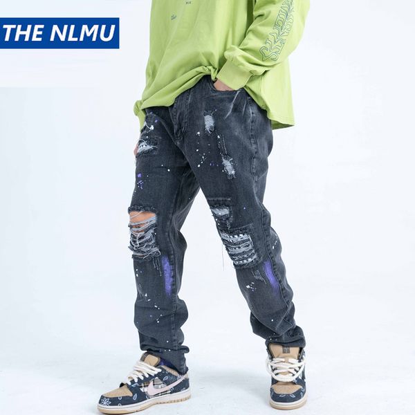 

men's jeans hole destroyed pants men streetwear ripped harajuku graffiti ink denim 2021 hip hop broken biker pant wy181, Blue