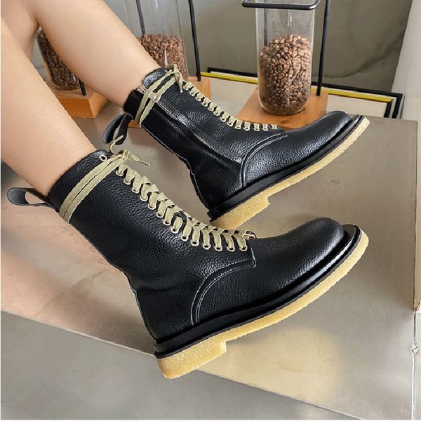 

new 2020 casual women flat boots round toe pu leather waterproof lace up ankle boots designer black western cowboy