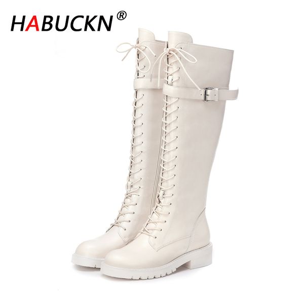 

habuckn fashion cowhide lace up round head rubber sole european and american style long comfort knee high boots, Black