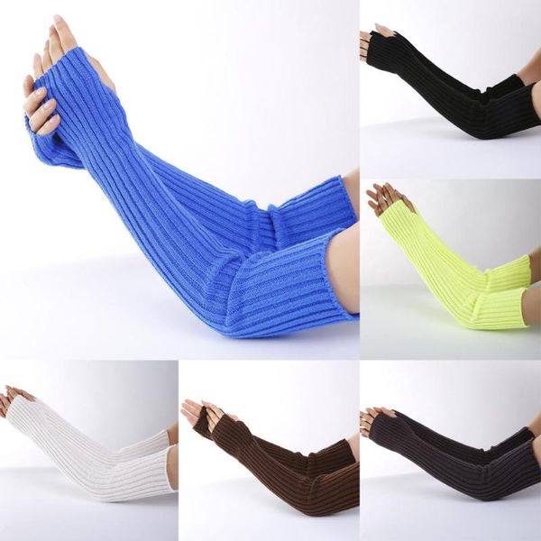 

women stretchy long sleeve fingerless gloves warm knitted mittens arm warmers women girls arm gloves winter mittens sleeve, Blue;gray