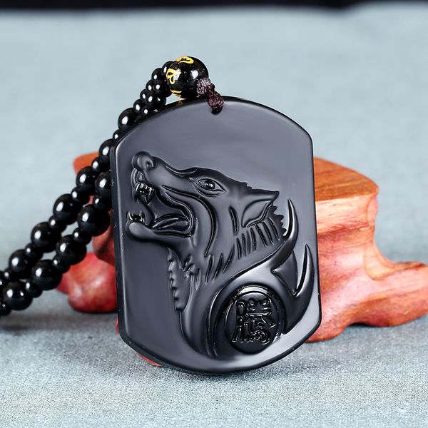 

1 pcs natural obsidian carved wolf head shape charms beaded rope pendant necklace for fashion men&women jewelry, Silver