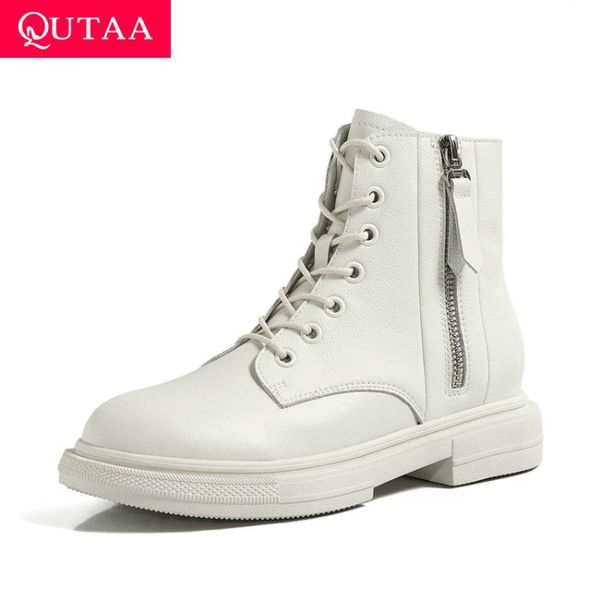 

qutaa 2021 square heel cow leather ankle boots autumn winter round toe women boots lace up zipper casual women shoes size 34-40, Black