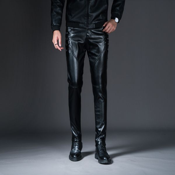 

men's pants men leather slim fit korean style autumn winter fashion pu trousers motorcycle windproof and warm streetwear, Black