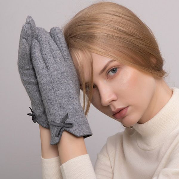 

five fingers gloves women touch winter warm cashmere wool mitten female bow leather knit embroidery driving screen e40, Blue;gray