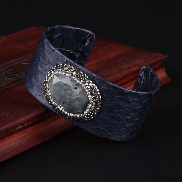 

cut angle oval natural glitter stone bead charm pave rhinestone deep blue python leather wide wrap open bangle cuff for women, Black