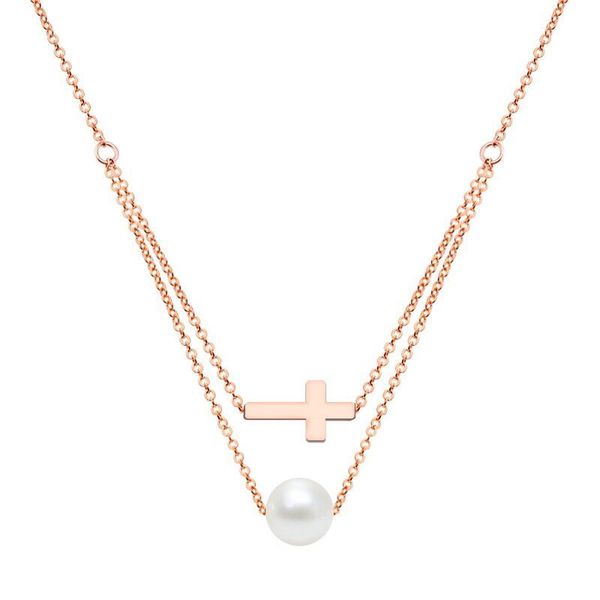 

wholesale jewelry -- cross and pearl (8 mm) pendant necklaces for women 316l titanium steel no fade gold / white, Silver