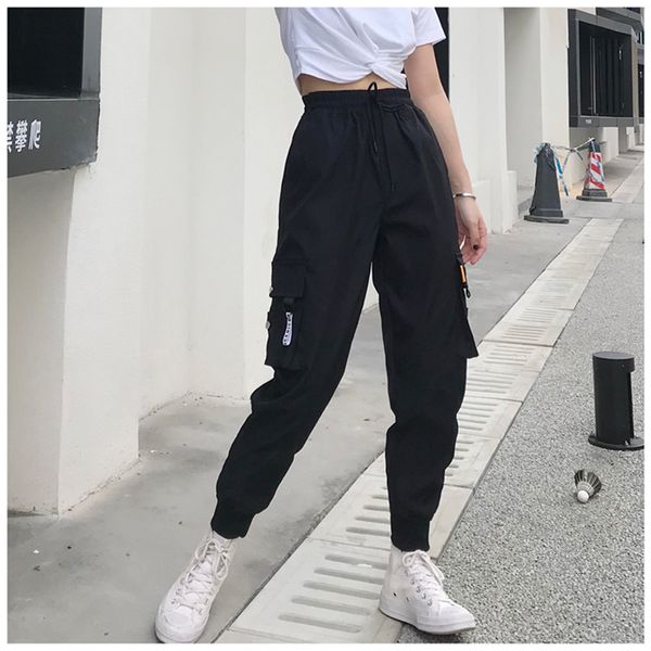 

big pockets cargo pants women high waist loose streetwear pants baggy tactical trouser hip hop joggers, Black;white