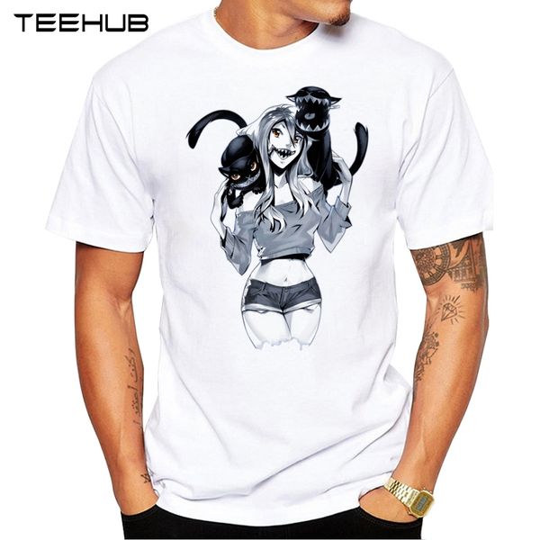 

new arrivals 2019 teehub cool men's fashion zipper mouth girl and cat design t-shirt short sleeve o-neck hipster tee