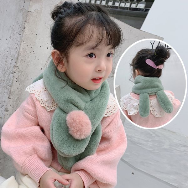 

girls fashion solid color cross warm bib ears baby plush scarf, Blue;gray