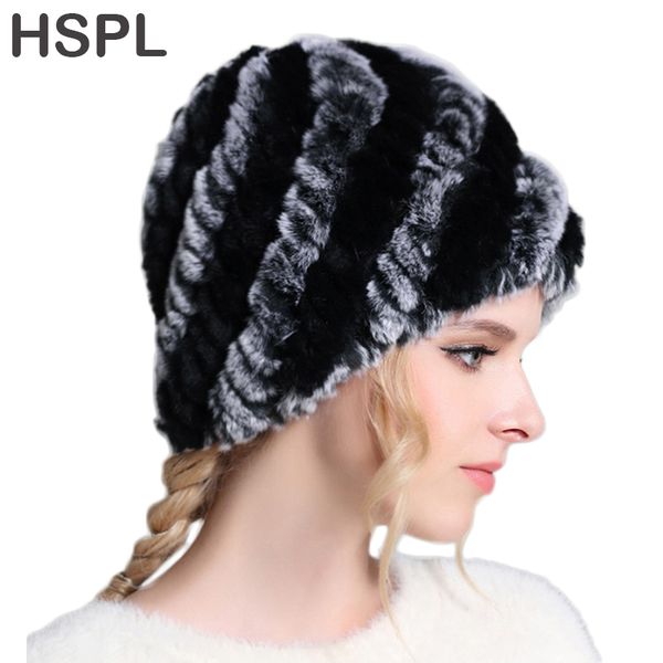 

hspl меховой шапки женщина 2020 winter natural genuine rex ушанка вязаных шапки для зимы женщин способа шапочки кости теплого cap, Blue;gray