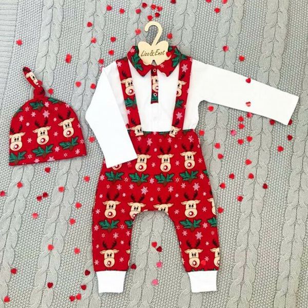 

2020 newborn baby boy girl xmas outfit long sleeve romper suspender overalls pants beanies hats 3pcs christmas sets 0-24m, White