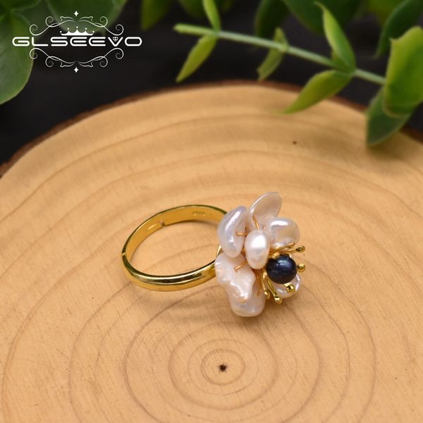 

glseevo flower adjustable charm ring natural fresh water pearl women's ring gift wedding handmade accessories jewelry gr0266c, Slivery;golden