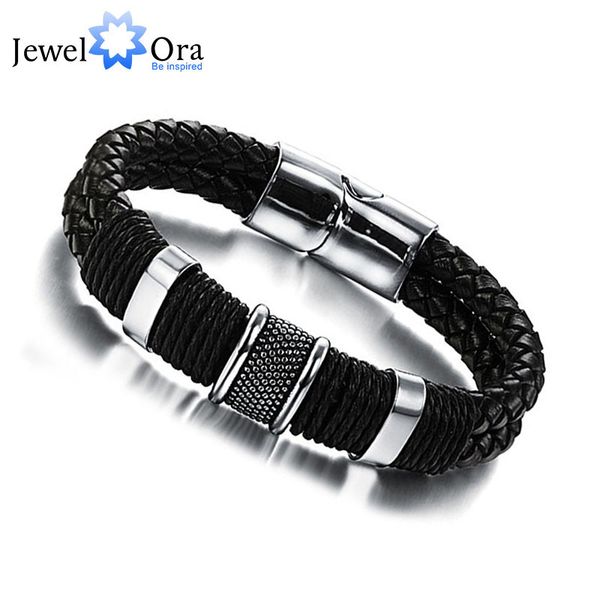 

wide mens weave chain wristband leather bracelet for men classic bracelet bangle jewelry gift for man (jewelora ba101163, Black