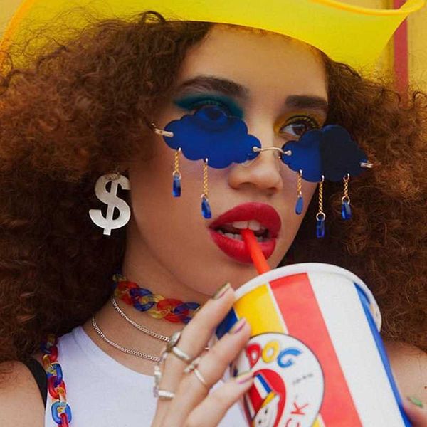 

2020 new brand cloud blue sunglasses for women alloy irregular tassel pendant party sun glasses female red gray crystal shades, White;black