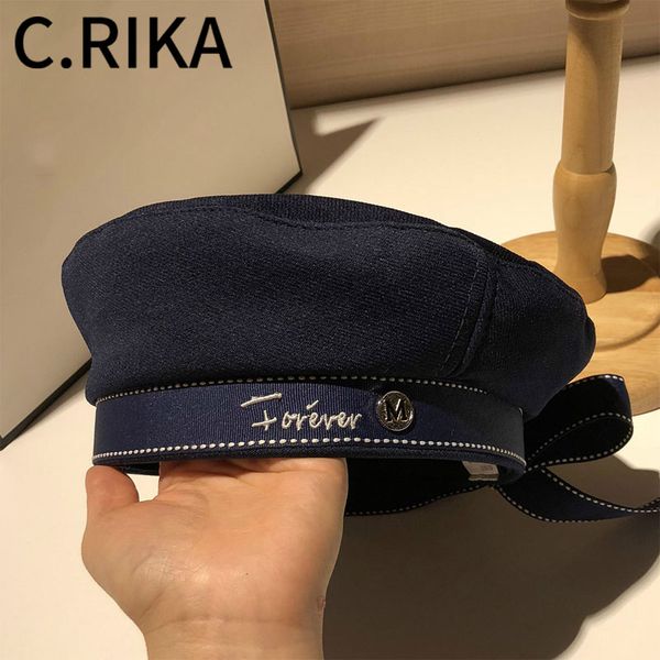 

berets 2021 autumn winter woman hat fashion ribbon bow beret letter embroidery hats vintage girls french navy cap, Blue;gray