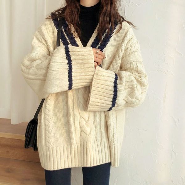 

women's sweaters knit sweater women vintage casual v-neck loose long sleeve sweet elegant chic pullovers korean 2021 autumn, White;black