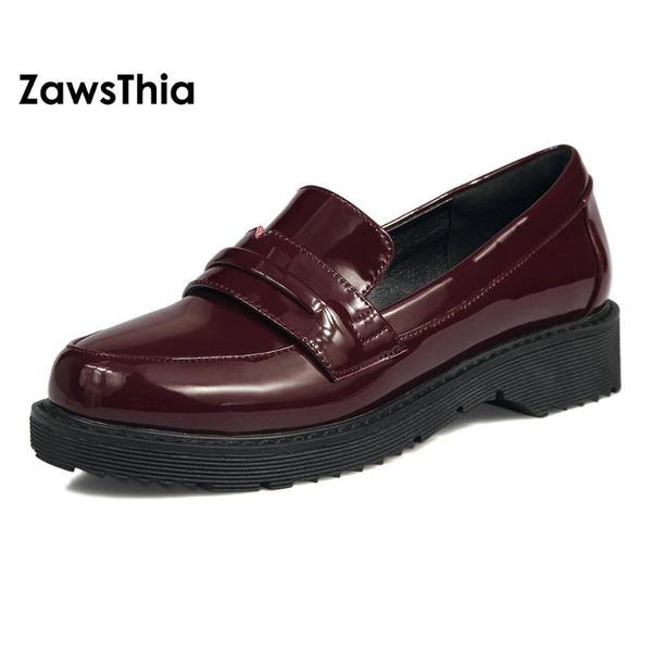 

zawsthia 2020 spring fall patent pu leather oxford students girls slip-on casual flat heel shoes women loafers shoes size 34-43, Black