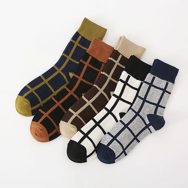 

sock mens plaid men's socks soft print cotton autumn winter british style man trendy crew casual calcetines, Black