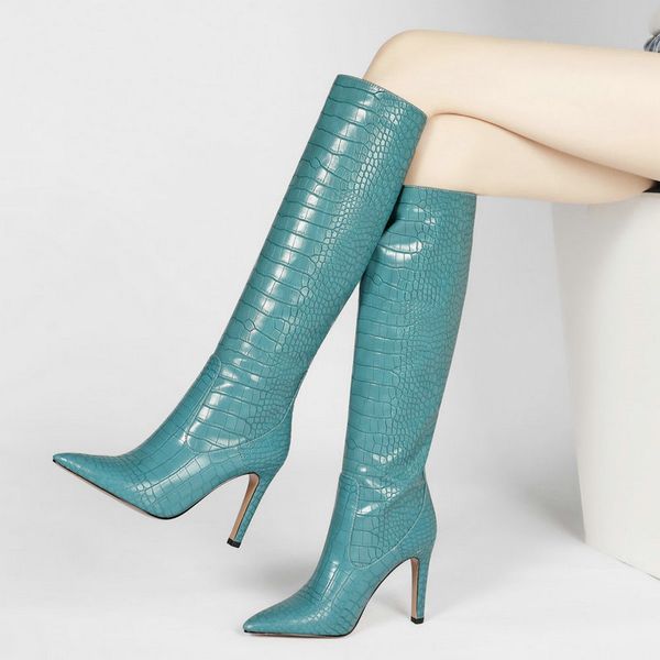 

brand women boots fashion high heels knee high boots faux leather pointed toe thin heel boots winter warm female pinkmultifunction, Black